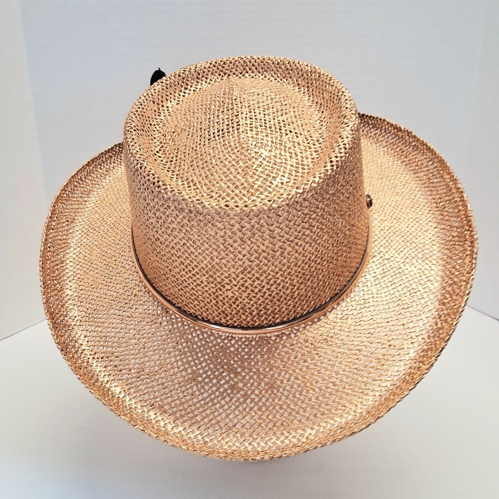 Y2K VTG Straw Boater Hat Gold Stiff Rigid Crown Black Flower Small/Medium EUC - Picture 4 of 12